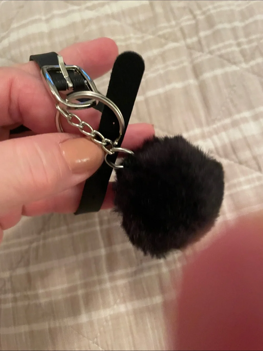 Black Faux-Fur Pom Pom Keychain with Luggage ID Tag